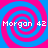 Four identical spiral patterns with alternating pink and blue rings, each containing white text reading "Morgan 42" on a solid background.