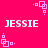 A bright pink background features four instances of the name "JESSIE" in light blue pixelated text and scattered small square patterns with dots.