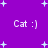 Purple background with white plus signs and repeated 'Cat :)' text in pixelated font.