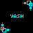 Cyan pixel art icons with square and dot elements rotate clockwise on a black background, accompanied by cyan 'YASH' text.