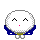 Pixelated character with white round head, blue jacket, and pink mouth in multiple expressions and poses against gray background.