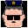Pixelated cartoon character with gray hair, black sunglasses, and a blue-gray uniform cap featuring a yellow-green emblem; four distinct facial expressions shown in
