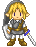 Pixel art character with blonde hair, blue eyes, and elf ears holding two swords, wearing gray armor and brown boots.