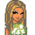 Pixelated cartoon character in green crop top and blue bell-bottom pants holding a white bag with black text, shown across three animation frames on a contact sheet background.