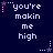Pixelated text 'you're makin me high' repeated in six positions with pink and purple star accents on dark blue background
