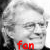 A grayscale portrait of a person with light hair and glasses, overlaid with red text reading 'fan' in four distinct states across the lower portion.