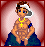 Pixelated cartoon character with brown hair, white headband, blue eyes, yellow cross necklace, and dark blue shorts against red gradient background.