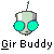Pixelated alien head with large green sunglasses and a single antenna, below which is the text "Gir Buddy" in blocky pixel font on gray background.