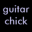 Animated sequence showing text 'guitar chick' in varying styles and a blurred guitar graphic on black background.