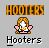 Pixel art icon featuring a character with blonde hair and blue eyes, wearing pink shoulder pads and an orange-and-white top, set against a gray background with 'HOOTERS' text above and below.