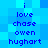 Blue pixelated background with dark blue text arranged in two vertical , repeating the sequence i love chase owen hughart