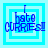 Blue pixelated text "I hate CURRIE!" on a light blue background with white square outlines, displayed in four positions