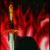 Animated sequence showing a figure with dark hair and red clothing against a fiery background, holding a sword that glows orange at the hilt.