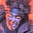 Pixelated close-up of a character with light purple skin, dark hair, and a blue headband, set against a blurred background with orange and purple tones.