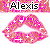Animated pink lips with white sparkles and a small plus sign, above the name 'Alexis' in black text on a pink background.