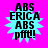Four identical pixelated icons with cyan starburst shapes on bright pink backgrounds, each displaying stacked black text reading "ABS ERICA ABS pffl!".