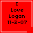 Red square icon with white border displaying black text "I Love Logan 11-2-07"; top-right corner has a small white heart symbol in one frame, bottom-right corner has a small white starburst symbol in another frame.