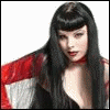 A woman with long black hair and bangs wears a red top against a white background, with text overlays changing across frames.
