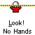 Pixelated red figure with white head and outstretched arms, repeated across with 'Look!' text above and 'No Hands' below on gray background