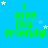 Blue background with green text reading "I love my friends!" and scattered yellow and light blue stars in a