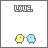 Animated contact sheet of 14 pixel art frames showing two birds kissing with changing text and heart effects, arranged in a 4x4 grid with one empty cell.