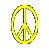 Six yellow peace sign icons in varying sizes and orientations on a gray background, with one icon vertically compressed.