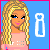 Animated contact sheet of a pixel-art doll icon with changing text symbols and facial expressions across 8 frames on a blue background.