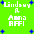 Green background with white text reading "Lindsey & Anna BFFL" and blue plus signs, arranged in a pattern across four identical sections