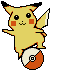 Yellow cartoon creature with red cheek circles and black-tipped ears stands on a white-and-orange spherical object, displaying multiple poses across three