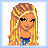Pixelated icon of a blonde woman with braided hair, blue top, and purple polka-dot accessory in various poses including full-body and partial views.