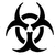 Black biohazard symbol on white background, composed of three curved arrows forming a triangular shape with central circle.
