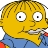 Pixelated yellow-skinned character with wide eyes, messy brown hair, and a blue shirt holding a white object near mouth.