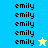 A pixelated image with repeated 'emily' text and two star icons on blue, yellow, and cyan backgrounds.