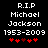 Pixelated text memorializing Michael Jackson with years 1953-2009 and red heart symbols on black background.