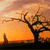 Pixelated sunset scene with orange and brown sky, dark tree silhouette, and two small structures on the ground.