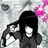 Anime-style character with long black hair and white eyes, wearing dark clothing against a gray background with pink floral accents.