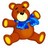 Brown teddy bear with yellow inner ears and paws, wearing a blue scarf, seated in a static pose against a pixelated background.