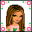 A 4-frame pixel art contact sheet showing a cartoon girl character with long brown hair, pink top, and flared jeans across different body parts and text display.