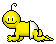 Yellow pixelated baby-like figure in white diaper, crawling pose with smiling face and antenna on head.