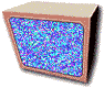 Four identical pixelated blue and purple television screens with brown frames arranged in a on gray background