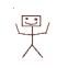 A stick figure with a rectangular head and smiling face performs various actions including raising arms, holding a camera, taking photos, and moving across the frame.