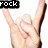 A hand making a rock-on gesture with text overlays changing across four : 'rock', 'and', and 'roll!!!' appear sequentially