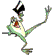 Animated contact sheet of a cartoon frog character in three sequential poses with top hat, performing exaggerated movements against white background.