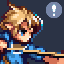 Pixel art of a character with light brown hair and blue clothing holding a staff, next to a gray speech bubble containing a white question mark on dark background.
