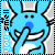 Animated blue cartoon character with white accents and gray background, holding nose while text changes around it.