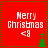 Red square icon with green dotted border displaying 'Merry Christmas <8' text and a small green tree, where the tree's position changes between frames.