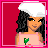 Pixel art contact sheet showing five frames of an animated AIM buddy icon featuring a cartoon woman in tennis attire with text elements on red backgrounds.