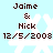 Light blue background with white snowflake patterns and brown text reading "Jaime & Nick 12/5/2008" in two identical