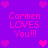 Purple background with pink pixelated hearts and repeated text "Carmen LOVES You!!!" in four quadrants.