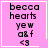 Pink background with black text reading 'becca hearts yew a&f <3' and white border; animated heart appears in bottom-right corner.